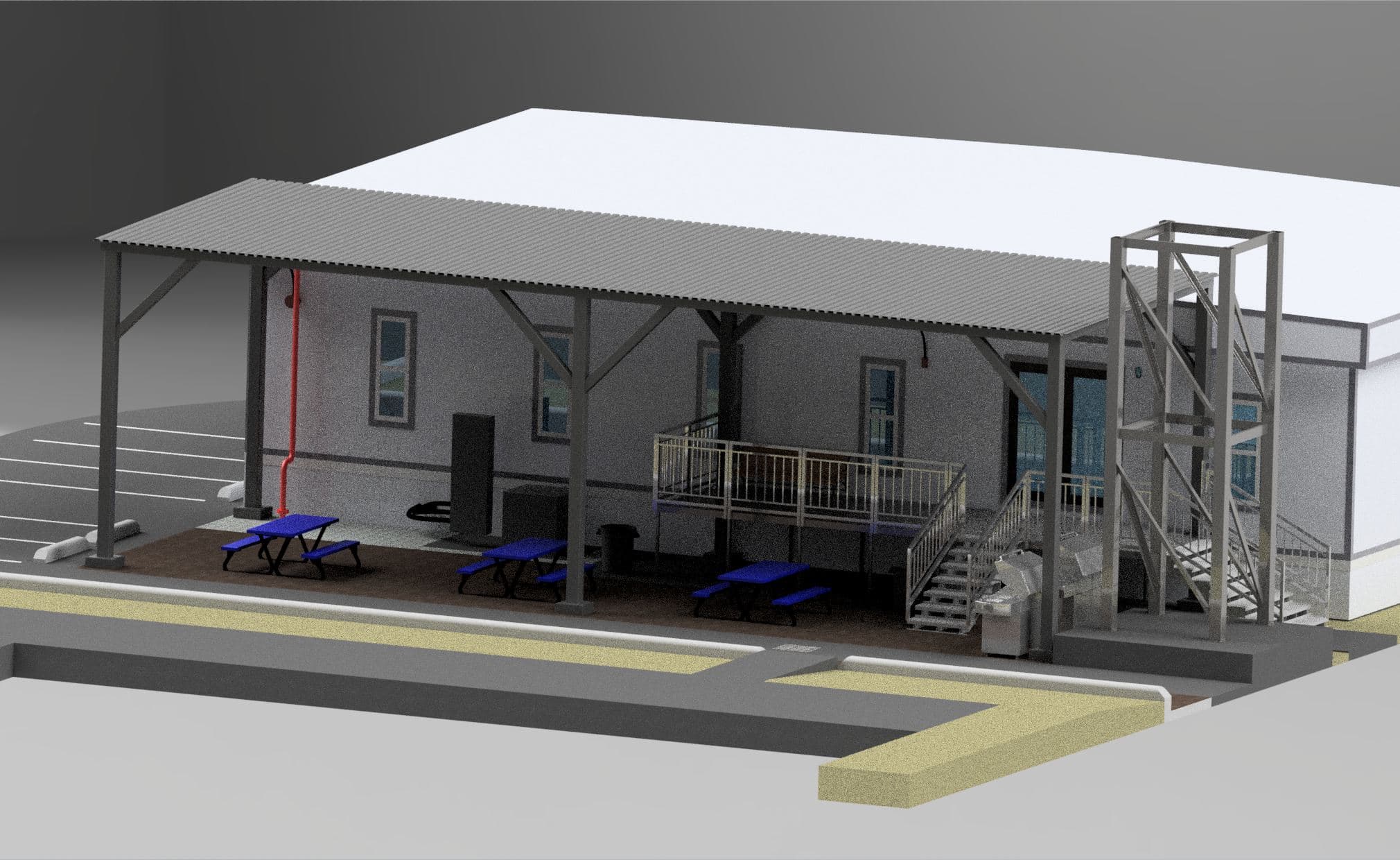 A covered patio and BBQ community space 3D render produced by 214 Solutions
